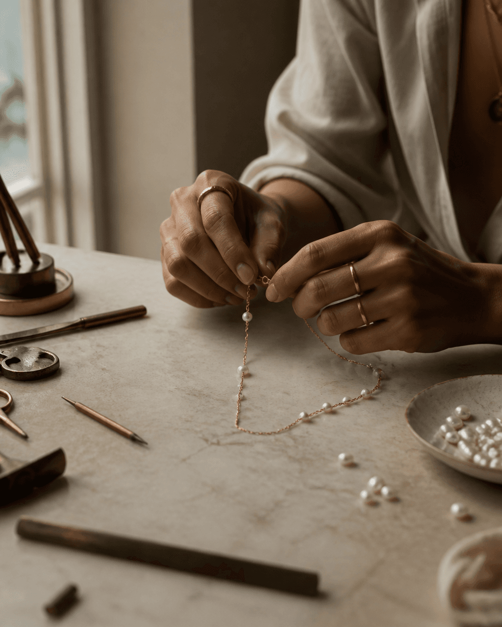 Jeweler's hands carefully assembling a delicate gold chain necklace with freshwater pearls on a cream marble workbench