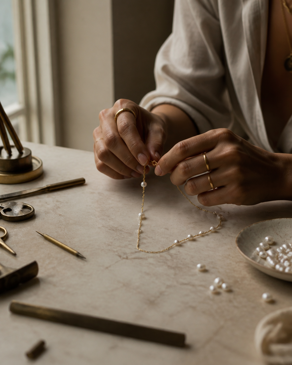 Jeweler's hands carefully assembling a delicate gold chain necklace with freshwater pearls on a cream marble workbench